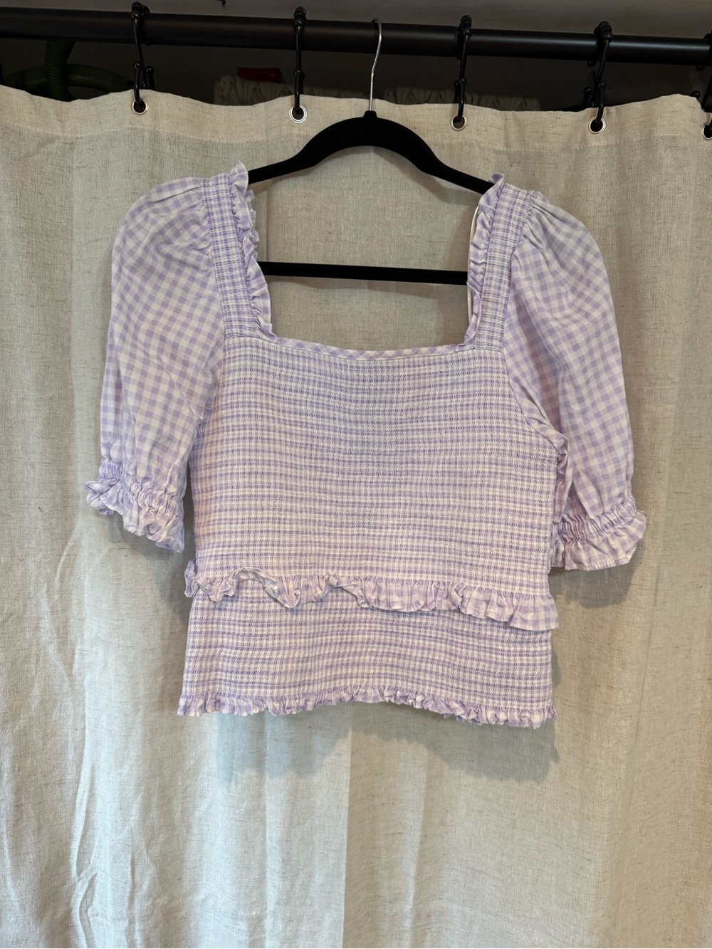 CeCe Lilac Gingham Ruffle Square-Neck Crop Top